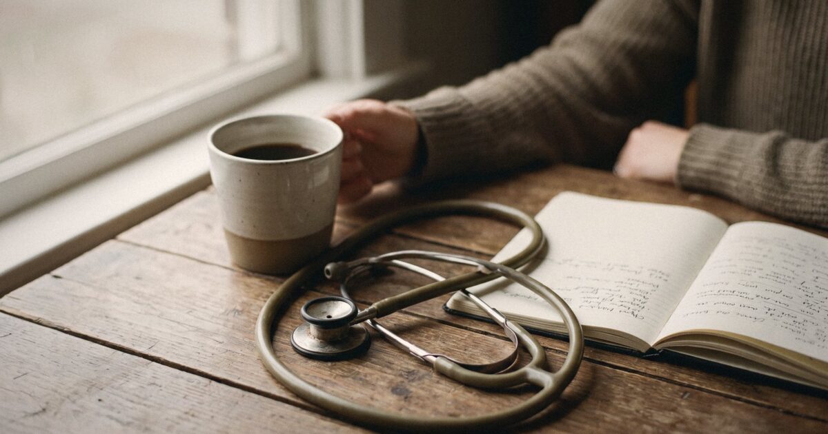 A stethoscope on a wooden desk beside an open notebook and coffee, window light