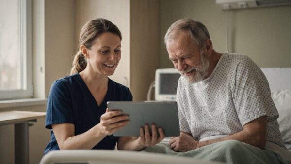 A nurse showing a patient information on a tablet at the bedside