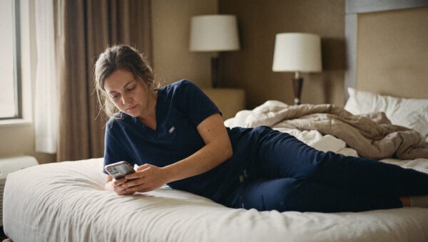 A nurse resting on a hotel bed after a shift, scrubs on, phone in hand
