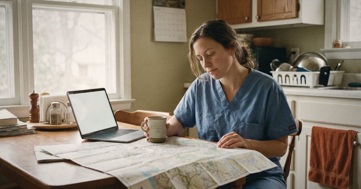 A nurse planning travel assignments with a paper map and a laptop at a kitchen table