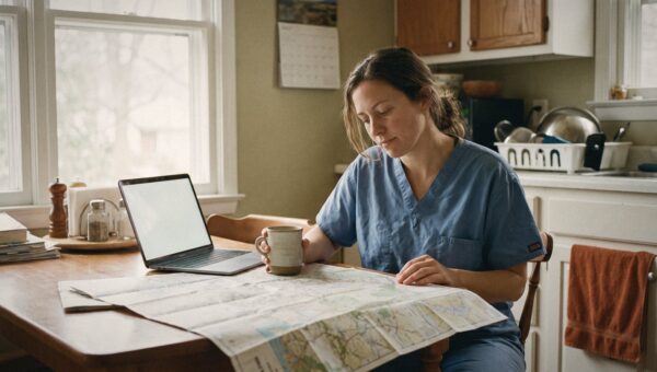 A nurse planning travel assignments with a paper map and a laptop at a kitchen table